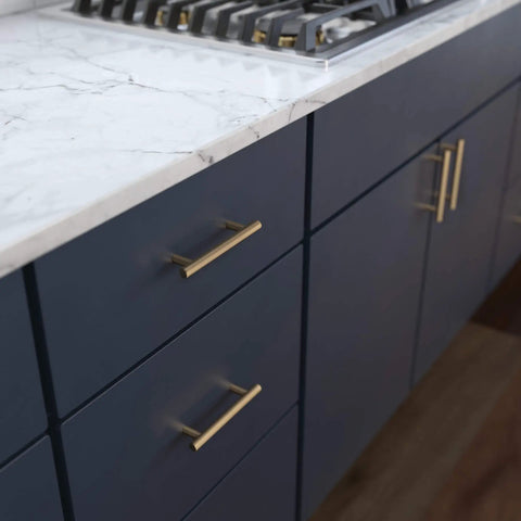 Champagne Bronze Cabinet Handles 10 Pack Modern Pulls For Kitchen Cabinets Drawers Doors And Dressers Three And Three Quarter Inch Center To Center Durable Stainless Steel Finish on navy cabinets