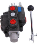 Front view of JZGRDN 4-way 3-position hydraulic control valve with lever; black body, red port plugs, 3/4" NPT in/out.