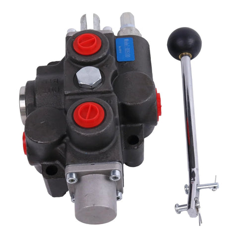 Front view of JZGRDN 4-way 3-position hydraulic control valve with lever; black body, red port plugs, 3/4" NPT in/out.