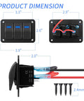 Dimensions of Rocker Switch Panel 12V Marine Waterproof Toggle Switch With Blue LED, Pre-Wired 3-Gang aluminum panel