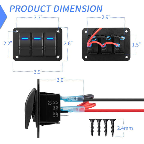 Dimensions of Rocker Switch Panel 12V Marine Waterproof Toggle Switch With Blue LED, Pre-Wired 3-Gang aluminum panel