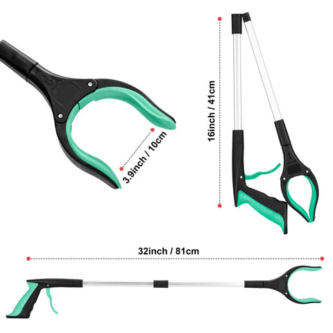 Two Pack 32 Inch Folding Reacher Tool With Rotating Jaw And Magnetic Grip, 360 Degree Anti Slip Grabber For Indoor And Outdoor Cleanup, Trash Picker, Lightweight Durable Pick Up Stick In Blue And Green