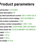 Product parameters for 3 Pole Non-Reversing Contactor, 18A, 120 VAC Coil, 1 NO 1 NC Auxiliary Contacts, industrial control relay.