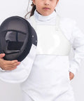Youth Fencing Chest Guard Lightweight PVC Chest Protector For Boys Kid Friendly Comfort And Safe Practice Gear For Training And Sparring Throughout Every Session, worn by child holding helmet.