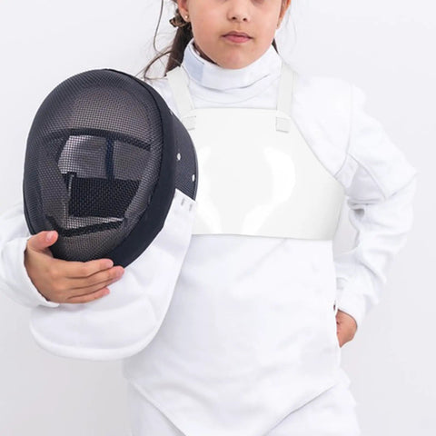 Youth Fencing Chest Guard Lightweight PVC Chest Protector For Boys Kid Friendly Comfort And Safe Practice Gear For Training And Sparring Throughout Every Session, worn by child holding helmet.