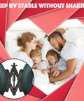 Family sleeping peacefully with heavy duty camper wheel chock stabilizer for RV and travel trailer X shaped tire locking chocks.