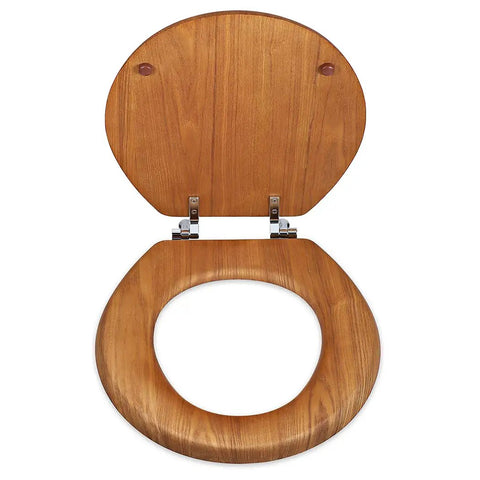 Round Wood Toilet Seat With Durable Chrome Hinges, Natural Oak Veneer Finish, Easy Install, Easy To Clean, Durable Wooden Bathroom Seat For Standard Round Toilets With Beautiful Wood Grain Look