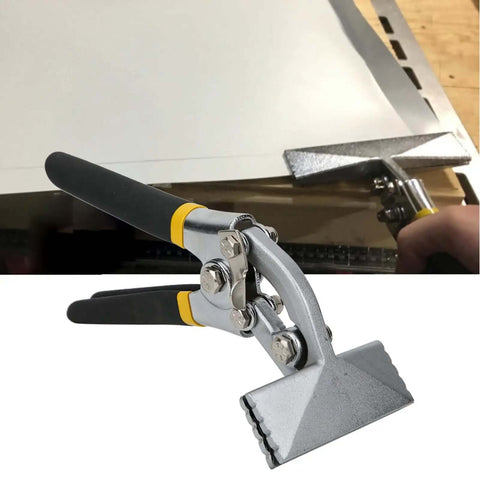 Forty Five Steel Bending Pliers With Quarter Inch Bend Increments in use bending metal sheet, focus on drop-forged jaws and grips