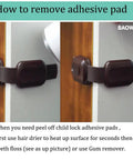 Close-up of brown child safety cabinet lock adhesive pad removal 8 Pack Brown Child Safety Cabinet Locks For Cabinets Drawers Cupboards Oven And Fridge No Tools Needed