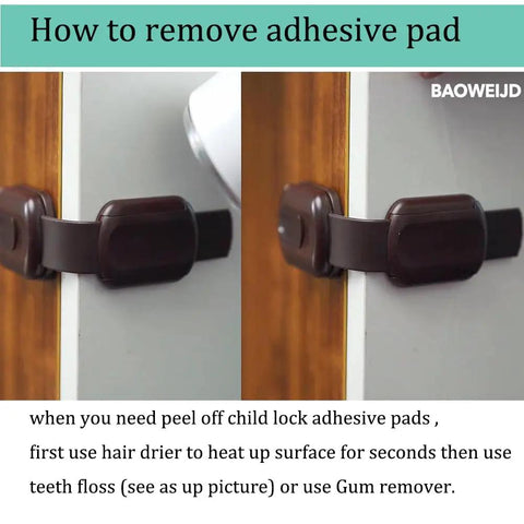 Close-up of brown child safety cabinet lock adhesive pad removal 8 Pack Brown Child Safety Cabinet Locks For Cabinets Drawers Cupboards Oven And Fridge No Tools Needed