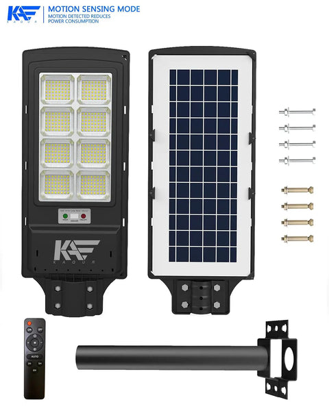 Ultra Bright 350000LM Solar Street Lights With 384 LEDs 1500W components including solar panel, motion sensor, and remote.