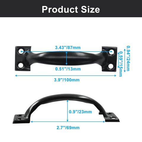 12 Pack Dope Black 4 Inch Bow Gate Pull Handles for Doors and Cabinets Vintage Screen Door Pulls Curved Cupboard Handles for Furniture Kitchen Drawers Dressers Gates shown in size dimensions with measurements marked