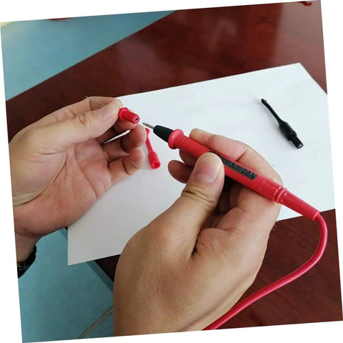 Close-up of Two Piece Digital Multimeter Ribbon Probes Set with Insulated Leads, hands demonstrating back probe pin use.
