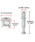 Heavy Duty Self Tapping Furniture Cabinet Connector Kit Featuring Zinc Plated Cam Locks and Precision Steel Dowels with Pro Grade Hardware for Smooth Install; detailed view of zinc cam lock and steel dowel measurements.