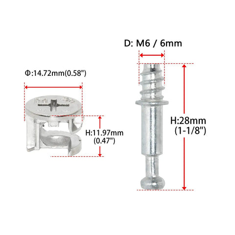 Heavy Duty Self Tapping Furniture Cabinet Connector Kit Featuring Zinc Plated Cam Locks and Precision Steel Dowels with Pro Grade Hardware for Smooth Install; detailed view of zinc cam lock and steel dowel measurements.