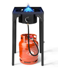 Beefy 75,000 BTU Dual Burner Portable Gas Camp Stove with 20 PSI Regulator, showing flame on burner with propane tank below