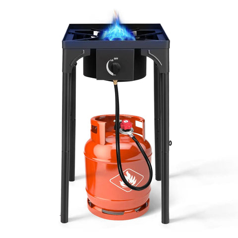 Beefy 75,000 BTU Dual Burner Portable Gas Camp Stove with 20 PSI Regulator, showing flame on burner with propane tank below