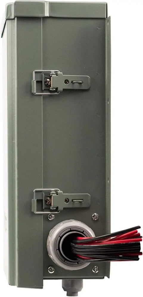 Side view of EmerGen 30 Amp Backup Power Manual Transfer Switch Kit inlet with attached wires.