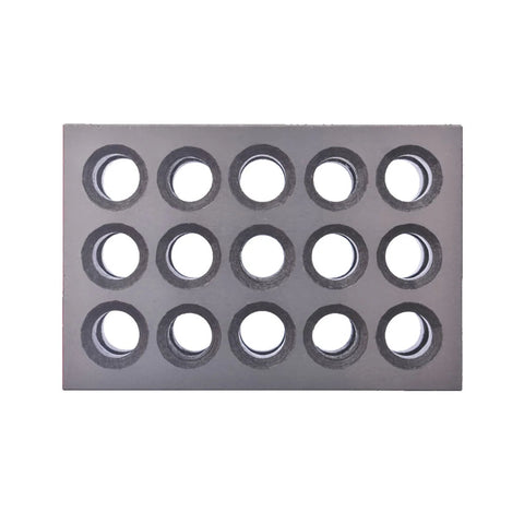 Machinist setup plate; hardened steel with 15 circular holes in a 3x5 grid, gray finish.