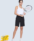 Woman holding tennis racket wearing Women's Hiking Shorts With 8 Inch Inseam, Lightweight Quick Dry Fabric, Built In Pockets, Size M