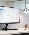 19.5 Inch HD Monitor With 1440x900 Resolution 75Hz Refresh Rate Built In Audio Flicker Free Eye Comfort Blue Light Filter Visual Protection Tech For Home And Office Setup HDMI And VGA Ports on desk setup with lamp and coffee cup