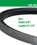 Close-up of Beefy Traction Drive V Belt 120-9470 for 30 Inch Lawn Mowers, size 3/8 x 27-1/2 inches, textured black surface