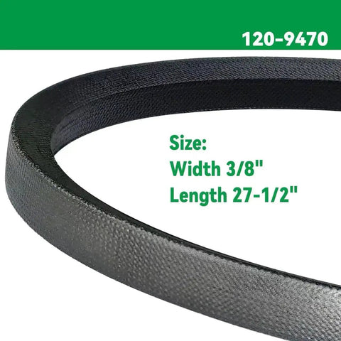 Close-up of Beefy Traction Drive V Belt 120-9470 for 30 Inch Lawn Mowers, size 3/8 x 27-1/2 inches, textured black surface
