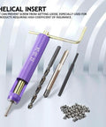 10-24 UNC Helical Inserts Kit For Aluminum With Stainless Steel Thread Repair Inserts ST Tap And Tool Included Fix Stripped Threads Reinforce Weak Material All In One Built To Last Heavy Duty Repair Solution, including purple handle tool, drill bit, and inserts.