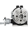 Built Tough Universal Indexing Head For Rotary Table With Four Jaw Chuck And 90 To 1 Worm Gear Vertical Horizontal Milling Rig 12 Inch Precision Shop Essentials, front view with dial.