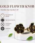 Six Pack Gold Antique Knobs Vintage Floral Flower Handle Cabinet Knobs for Cabinets Drawers Doors on display with features list