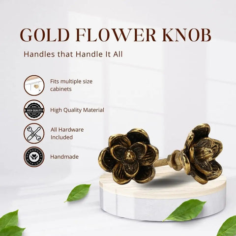Six Pack Gold Antique Knobs Vintage Floral Flower Handle Cabinet Knobs for Cabinets Drawers Doors on display with features list