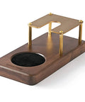 Boss Grade Wood And Copper Espresso Tamper Station Heavy Duty Coffee Tamping Stand with grippy silicone base and smooth 58mm portafilter holder.