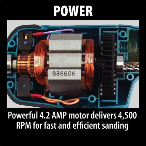 Close-up view of Powerful 5 Inch Disc Sander With 4.2 Amp Motor Delivers 4500 RPM For Wood And Metal Polishing showing motor internals.