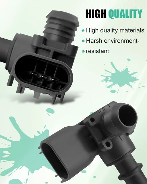 Power brake booster vacuum sensor, two black plastic units shown in front and side views.