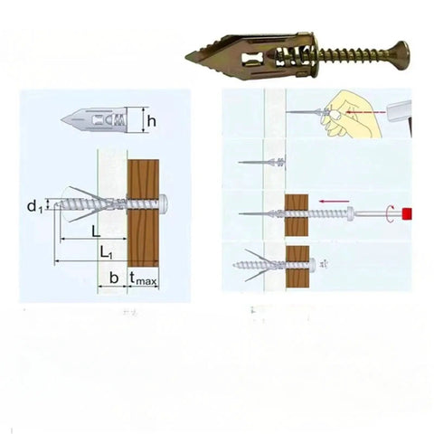 Self Drilling Drywall Anchor Kit With 120 Pieces Wall Plugs For Gypsum Board Heavy Duty Yellow Zinc Plated Carbon Steel Screws That Resist Rust And Wear Easy No Prep Install For Shelves TV Mounts Mirrors And Other Wall Mounts. Self-drilling drywall anchor diagram for gypsum board, carbon steel, no-prep install.