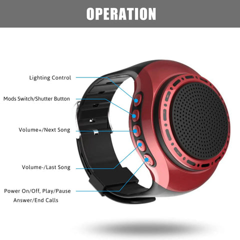 Red Waterproof Wireless Bluetooth Speaker Watch With FM Radio MP3 Player TWS Pairing Selfie Remote Ultra Long Standby Time
