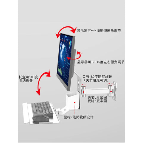 Boss Level Monitor Arm With Integrated Keyboard Tray, Straight Up Smooth Desk Mount For A Clean Workspace, detailed setup illustration.