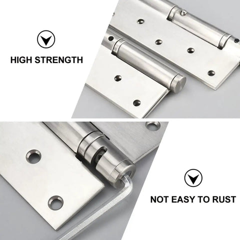 Close-up of self-closing stainless steel door hinge showing high strength, rust resistance for interior and exterior doors.