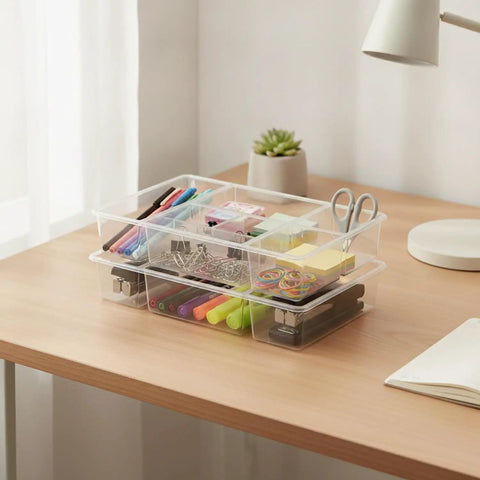 Stackable Desktop Storage Box With Grid Dividers For Pens And Office Supplies, Durable PP Plastic Desk Organizer, on a wooden desk