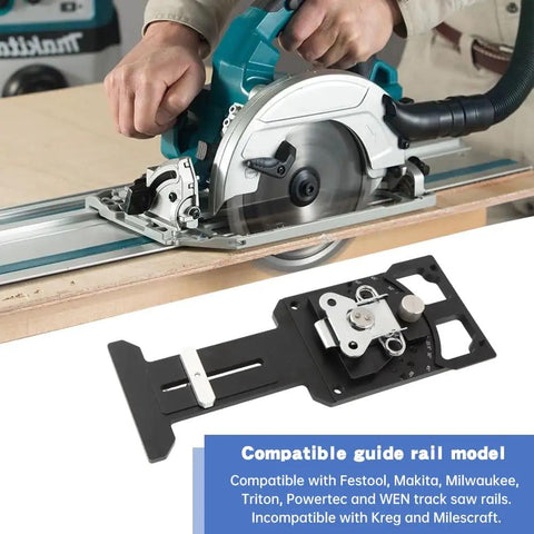 11-Position Adjustable Track Saw Square With CNC Machining For Top Notch Precision Cutting, 60 Degree, 45 Degree, 30 Degree And Other Positive And Negative Angle Stops, Universal Track Saw Accessory For Accurate Miter Cuts And Fast Layouts. black metal track saw square with angle guide on rail