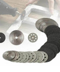 Pro Grade 30 Piece Cutting Wheel Set With HSS Circular Saw Blades Diamond Cutting Discs Resin Cutting Wheels in use on metal