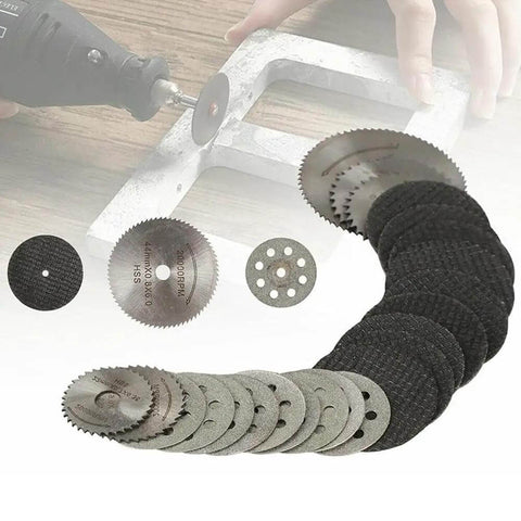 Pro Grade 30 Piece Cutting Wheel Set With HSS Circular Saw Blades Diamond Cutting Discs Resin Cutting Wheels in use on metal