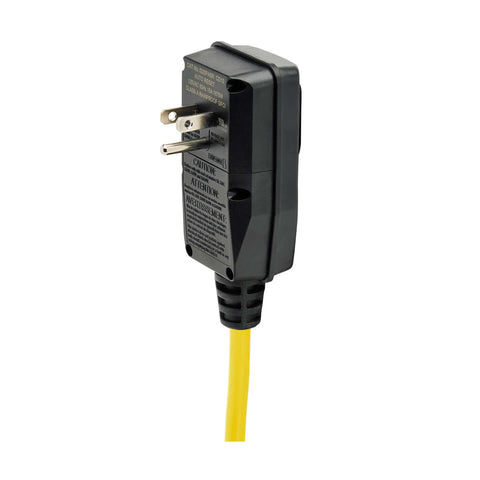 Close-up of plug on Garage-Grade Heavy-Duty Power Strip With GFCI, 8 Outlets, 25 Foot Cord, Yellow Metal Housing