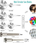 Diagram of mini circular saw blades for cutting wood, plastic, and PVC with measurements for 10 Pc Resin Cut Off Discs for Rotary Tool Set.