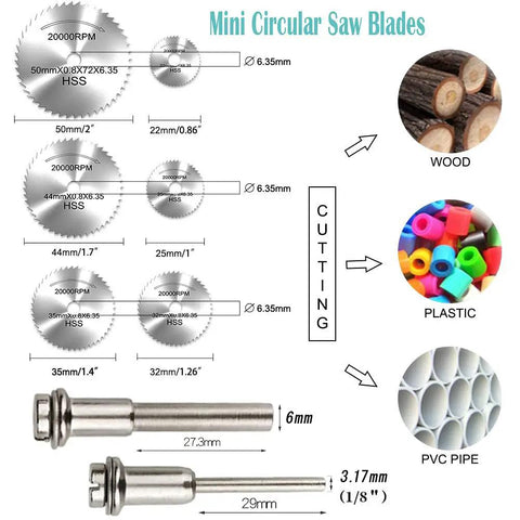 Diagram of mini circular saw blades for cutting wood, plastic, and PVC with measurements for 10 Pc Resin Cut Off Discs for Rotary Tool Set.