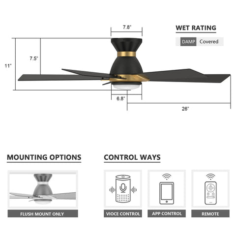 Diagram of Lit Wifi Led Ceiling Fan With Remote And App Control, Timer And Schedule, Damp Location Rated 52 Inch With Plywood Blades, Voice Control For Alexa Google Assistant Siri Shortcuts, Black And Gold Finish, showing dimensions and mounting options.