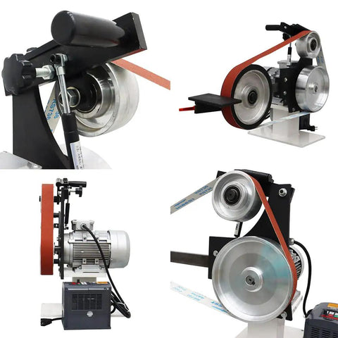 Straight Fire Heavy Duty Belt Sander Grinder With 71 Inch Sanding Belt And Three Grinding Wheels For Metal Polishing Smooth Operator showing motor and sanding belt assembly.