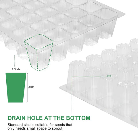 Close-up of Seed Starter Tray 5 Pack Seedling Propagator Kit with humidity vented domes showing cell dimensions and drain hole