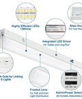 8ft LED Shop Light Fixtures With 60 70 80W Total, Selectable 3500K 4000K 5000K Color Temp, diagram with features labeled