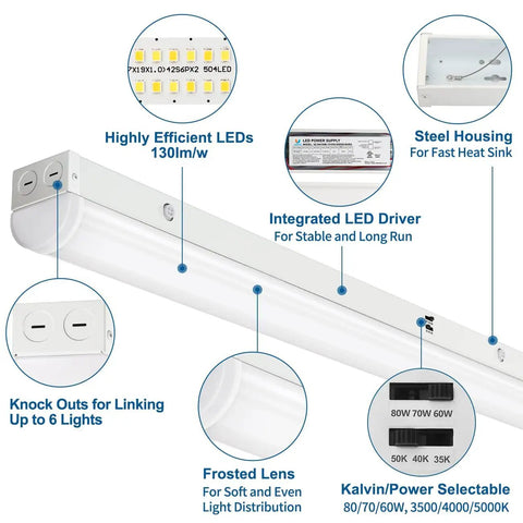 8ft LED Shop Light Fixtures With 60 70 80W Total, Selectable 3500K 4000K 5000K Color Temp, diagram with features labeled